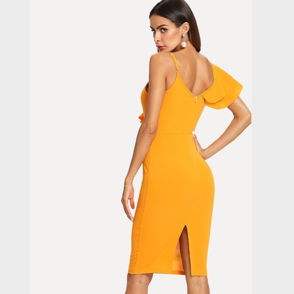 Layered Flounce Trim Slit Pencil V-Neck Dress - Picture 4 of 6